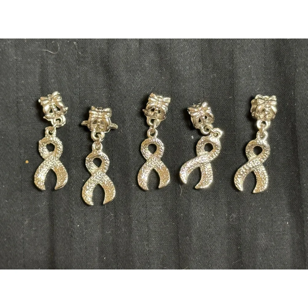 Set of 5 Silver and Pink Rhinestone Breast Cance Awareness Ribbon Dangle Charms